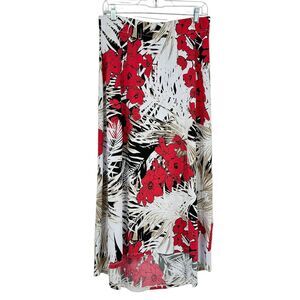 Chico's Floral Maxi Skirt Red White Tropical Palm Print High Low Hem SZ‎ M